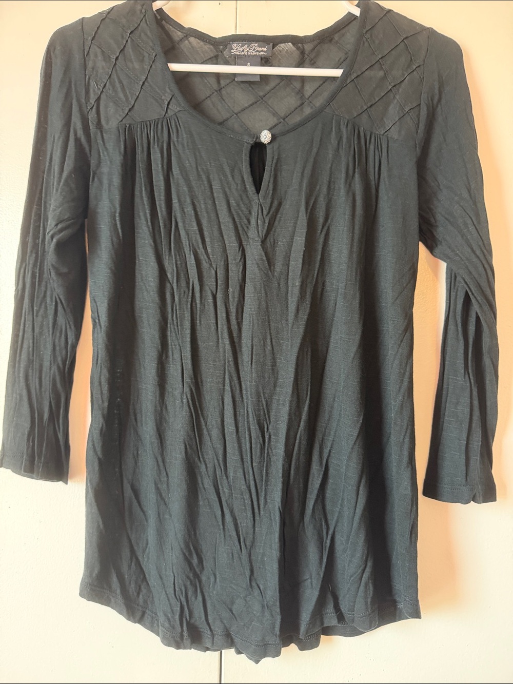VINTAGE Lucky Brand Black Gathered Scoop-Neck Long Sleeve Top